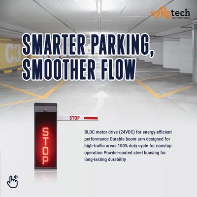 This graphic highlights the key features of our parking barriers, including an energy-efficient BLDC motor drive and a durable boom arm designed for a 100% duty cycle in high-traffic areas. The powder-coated steel housing ensures long-lasting durability.