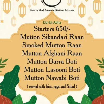 My Eid-Ul-Adha Starters Menu. This menu features grand dishes like Mutton Sikandari Raan and various types of Mutton Boti, perfect for a festive celebration.