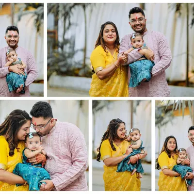 A beautiful collage from Saanvi's birthday, showing a collection of candid family portraits and tender moments. We aim to deliver a variety of shots that tell the complete story of the celebration.