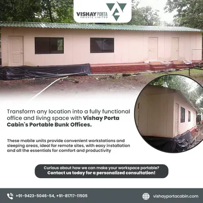 This is our portable bunk office, designed to transform any remote location into a functional workspace and living area. It provides convenient workstations and sleeping quarters with easy installation.