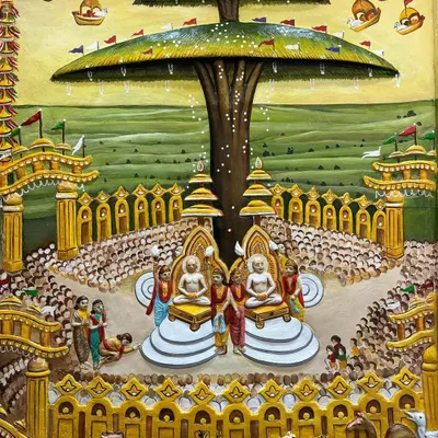 This is one of my most detailed works, a 3D mural depicting the Samavasarana from Jain cosmology. It shows the Tirthankara giving a sermon, surrounded by gods, humans, and animals.