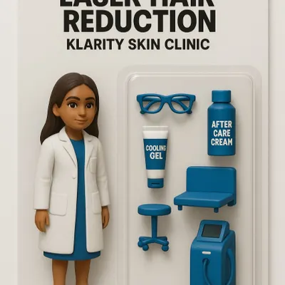 A fun, creative take on what we do. This action figure of me, Dr. Jalpa, comes equipped with all the tools for great skin, including a laser for hair reduction. It is a playful reminder that we use advanced technology to help you achieve your skin goals.