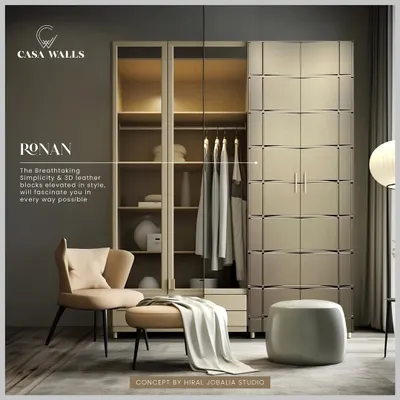 The 'Ronan' wardrobe design demonstrates breathtaking simplicity. We used 3D leather blocks to create a clean, gridded pattern that elevates the style of the entire room, proving that storage can be both functional and fascinating.