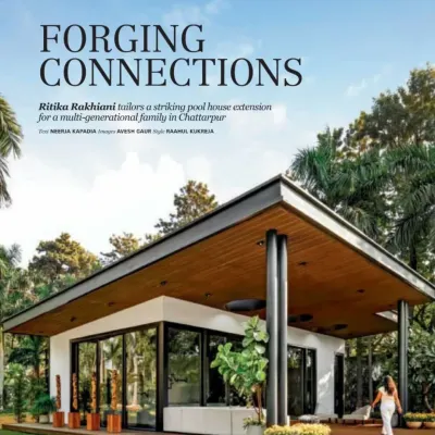 This is the main view of the Pool House, an extension I designed for a multi-generational family in Chhatarpur. The goal was to forge a connection between the main house, the landscape, and the family's daily life.