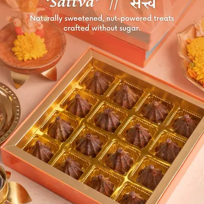 Our 'Sattva' box for Ganesh Chaturthi, featuring naturally sweetened, nut-powered modaks crafted without sugar. It's a pure, soulful, and healthy way to indulge in festive traditions.