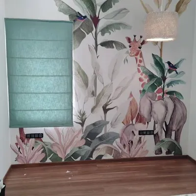This green Roman blind was selected to match the foliage in the custom wallpaper, completing the jungle theme for this kid's room. I handle installations for windows of all sizes.