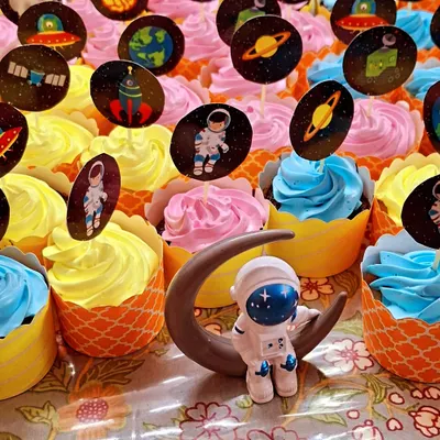 I can create custom cupcake themes for any celebration, like this outer space set for a birthday party. These eggless vanilla and chocolate cupcakes are decorated with colorful buttercream and fun toppers, making them a huge hit with kids and adults alike.