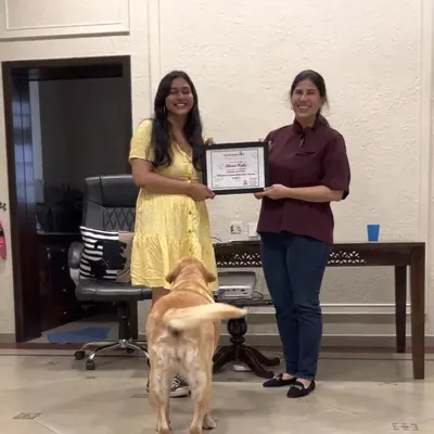 A proud moment receiving my dog behaviourist certification from my mentor, Shirin Merchant. Continuous learning is so important in this field, and this milestone represents my commitment to bringing the most effective, humane training methods to you and your dog.