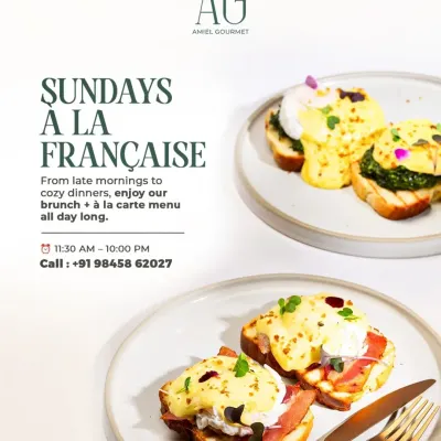 Sundays are meant for indulging, à la Française. My all-day brunch and à la carte menu at Yelahanka is perfect for everything from late mornings to cozy dinners. Come settle in and enjoy.