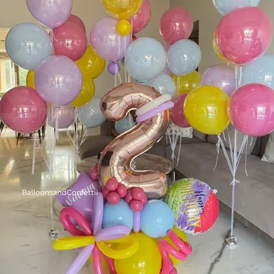 Every balloon tells a story, and this one says "I'm TWO!" A bright and cheerful balloon bouquet featuring a large rose gold number '2' and a mix of colorful latex balloons.
