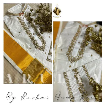 A classic 'Muhurtam' set for a groom. This off-white silk kurta features rich gold zardosi embroidery around the neckline and placket, perfectly paired with a silk 'kacche' and 'shalya' with a traditional gold zari border.