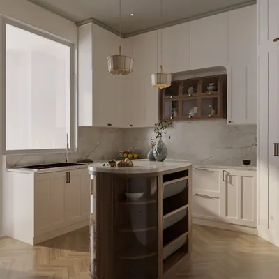 This kitchen concept features a timeless mix of white shaker-style cabinets and a dark wood island. The design is open and functional, with a marble backsplash and herringbone floors adding a touch of classic elegance.