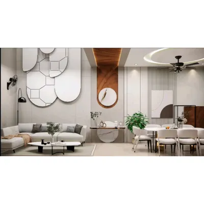 A wide view of a contemporary living and dining area I designed. Notice the cohesive design language, from the geometric wall art and circular ceiling detail to the elegant dining set, creating a harmonious and expansive feel.