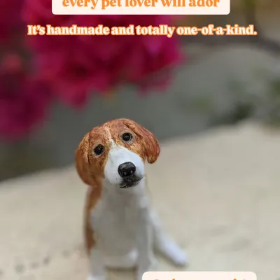 Here’s a gift idea every pet lover will adore. This is a custom-made miniature of a beautiful beagle, sculpted by hand to capture that signature head tilt.