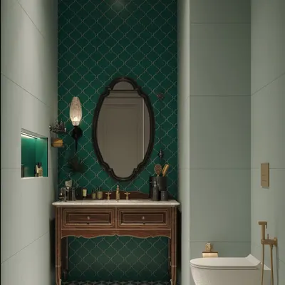 Gorgeous green makes a statement in this powder room. I used a deep green diamond-patterned tile as an accent wall, paired with a vintage-style vanity and bold black-and-white floor tiles for a dramatic and elegant effect.