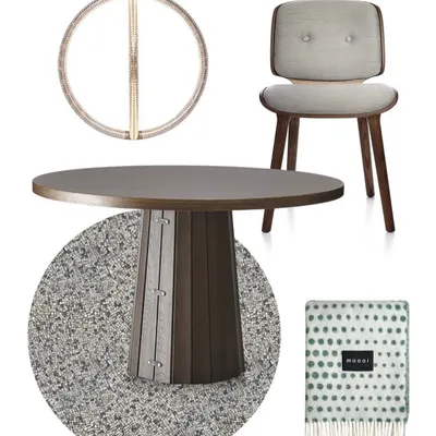 My process often begins with a mood board like this one. I curate lighting, furniture, and materials to create a cohesive vision, ensuring the chosen light fixture, like the Luminora by Moooi, perfectly complements the overall design.