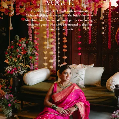 I was so honored to have my own wedding celebrations featured in Vogue. This was my Maharashtrian-style mehndi at home, where I filled the space with vibrant florals in hues of pinks, purples, and oranges to welcome our guests.