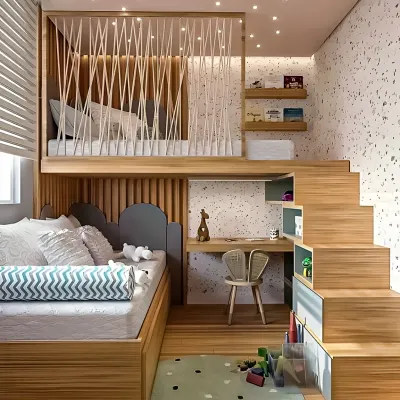 A playful kids' room featuring a loft bed with a rope barrier, a built-in desk underneath, and stairs that double as storage drawers. This design is perfect for maximizing play and study space.