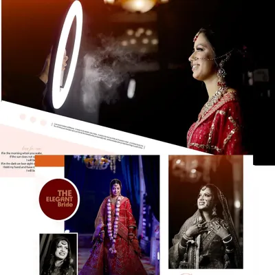 A sample page from our 'The Elegant Bride' album design. This layout combines a dramatic, full-length portrait with smaller candid and black and white shots, creating a visually rich and storytelling page.