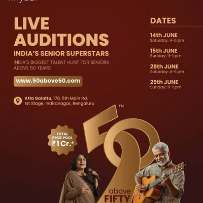 We are a proud venue partner for '50 Above Fifty', a talent hunt for seniors organized by Khyaal. We host live auditions for singing, dancing, poetry, and more, celebrating our senior superstars.