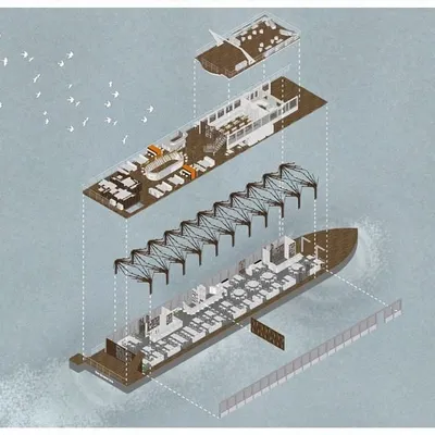An exploded axonometric drawing of the Queensline Sea Yah. This type of illustration is crucial in our design process to understand and communicate how the different levels and complex structural systems of the boat integrate into a cohesive whole.