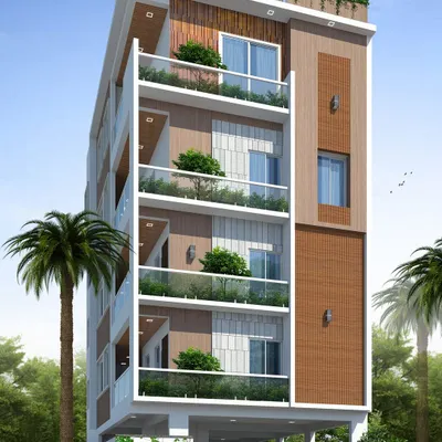 This proposed multi-dwelling unit in K.R. Puram features a modern facade with alternating panels of wood texture and white. Each floor includes a glass-railed balcony with integrated planters to add greenery to the elevation.