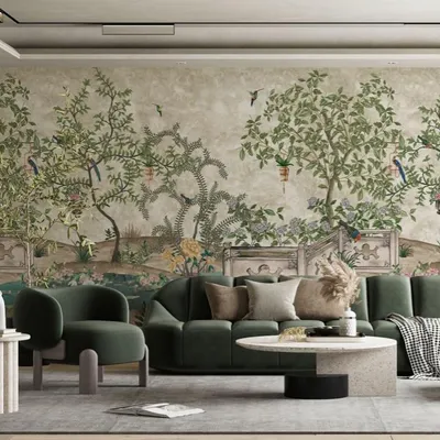 A breathtaking mural from our Prakriti collection, featuring a lush Indian garden scene with birds and hanging lanterns. This hand-painted design brings a story of nature and heritage to your living room wall.