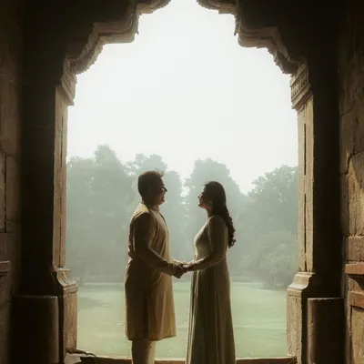 Framed by history, this silhouette of Akshay and Bani at a Delhi heritage site is a testament to timeless love. I use architectural elements to create powerful, artistic compositions during pre-wedding shoots.