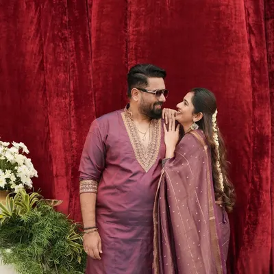 A beautiful moment between the lovely couple, Tharun Sudhir and Sonal Monteiro, celebrating their anniversary. I had the pleasure of designing their coordinated outfits in a beautiful wine color.