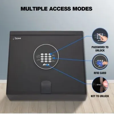 This image highlights the multiple access modes of our 10-litre cabinet safe, including password, RFID card, and a backup emergency key.