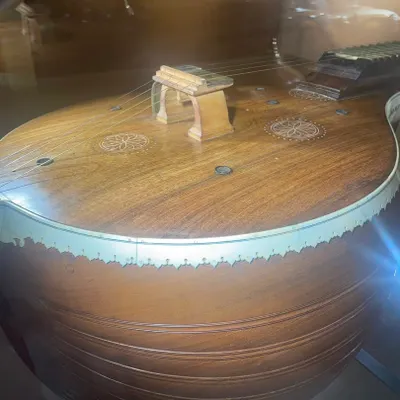 I was fascinated by this historical veena from the 1950s or 60s at the Venkatappa Art Gallery. The craftsmanship and design details, like the small resonators on the top board, offer a glimpse into the instrument's evolution.
