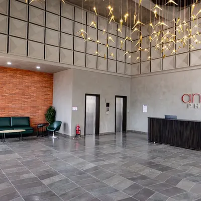 The main entrance lobby at Anthea Pharma, a 12,000 sq. ft. space combining industrial design with natural elements. The flooring is natural grey limestone, complemented by an exposed brick wall and microtopped cement finishes, creating a harmonious interplay of rugged textures.