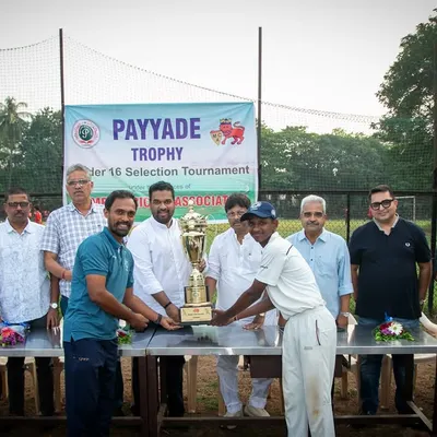A wide view of the prize distribution ceremony for the U-16 Payyade Trophy, an MCA Selection Tournament. Our management and coaches gather to honor the next generation of Mumbai cricketers.