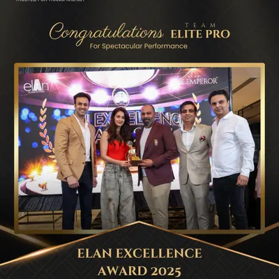 Receiving the Elan Excellence Award 2025, presented by celebrity Disha Patani. This recognition from the Elan Group highlights our team's perseverance and ability to achieve outstanding results in a competitive market.