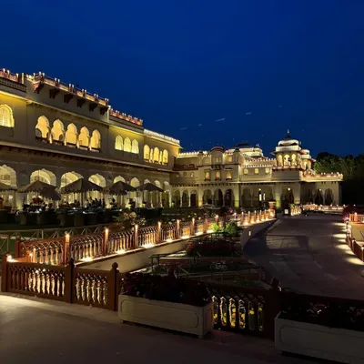 The stunning Rambagh Palace at night, the perfect setting for a royal wedding. Hosting in such a majestic location inspires a certain level of grace and grandeur.