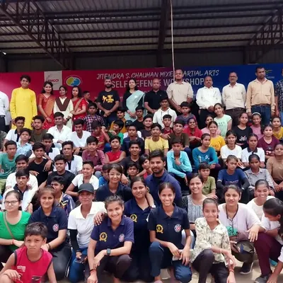 A group photo from our incredibly successful two-day "Mixed Martial Arts for Self-Defense" workshop in Madhya Pradesh, where we trained over 350 women, youth, and children.