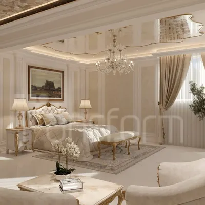 This master bedroom is an ode to timeless grandeur. I used intricately carved furniture with gold accents, a custom high-gloss ceiling, and a crystal chandelier to create an atmosphere of refined sophistication and ethereal beauty.