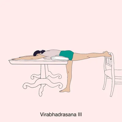 An illustration of Virabhadrasana III from my DIY sequence for lower back pain, using a table and chair for support. This makes advanced balancing poses accessible and therapeutic.