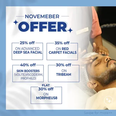 An example of our monthly offers, like these November deals on our most popular treatments including Deep Sea Facials, Skin Boosters, Tribeam laser, and Morpheus8.