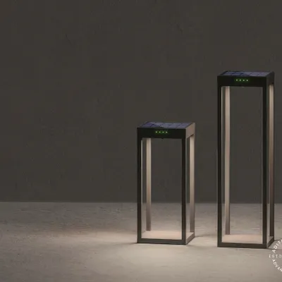 This is our rectangular solar floor lamp, available in two sizes to suit different spaces. The minimalist frame and integrated solar panel at the top make it a self-sufficient and stylish lighting solution for any modern outdoor setting.