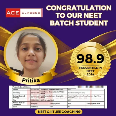 Congratulations to our NEET batch student, Pritika, for achieving an outstanding 98.9 percentile in the NEET 2024 exam. Her detailed scorecard reflects her excellent performance across Physics, Chemistry, and Biology.