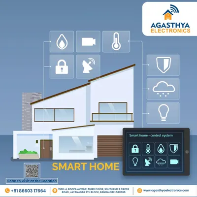 This infographic shows a home connected to a central control system. You can manage everything from water and temperature to locks and lighting, all from one interface.