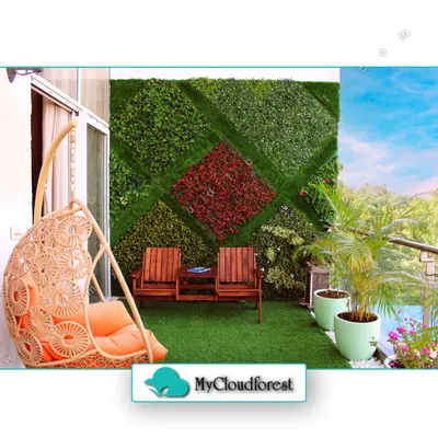 Your personal sky-high retreat awaits. This balcony design combines a comfortable rattan swing chair with a unique, patterned artificial vertical garden, creating a vibrant and playful corner. It proves that even compact spaces can become a lush paradise with a touch of creativity.