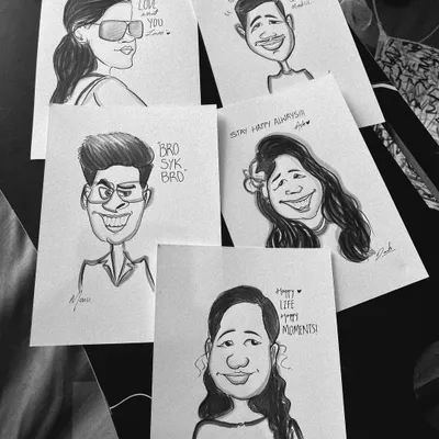 A collection of individual caricatures, each with its own fun message like 'Bro Syk Bro'. These make great gifts for friends.