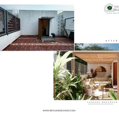 We took this plain, tiled terrace and reimagined it as a soulful retreat. Our design introduces a bamboo-covered pergola, earthy cane furniture, and lush greenery to create a space that feels both stylish and calm.