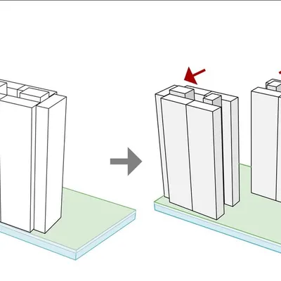 This diagram illustrates the initial massing study for a high-rise residential building. We begin by splitting a monolithic block into two volumes to reduce overlooking between units and create a more balanced, visually appealing form.