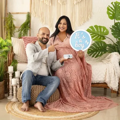 Our boho setup is perfect for happy announcements. This couple used our 'It's a boy' sign to share their news in a relaxed, natural setting surrounded by plants and textures.