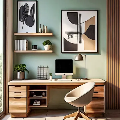 This beautiful study nook combines natural wood with a calming sage green wall. The setup includes a spacious desk with multiple drawers, floating shelves, and modern art to inspire creativity.