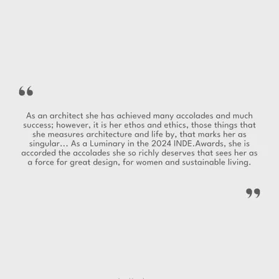 Quotes from Indesign Live about our Founding Partner, Shimul Javeri Kadri, on winning the INDE Luminary Award. The award highlights her ethos, ethics, and her role as a force for great design, for women, and for sustainable living.
