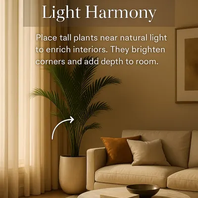 Indoor plants are powerful design elements. This guide on placement and light harmony shows how placing tall plants near natural light can enrich interiors, brighten corners, and add depth to a room.